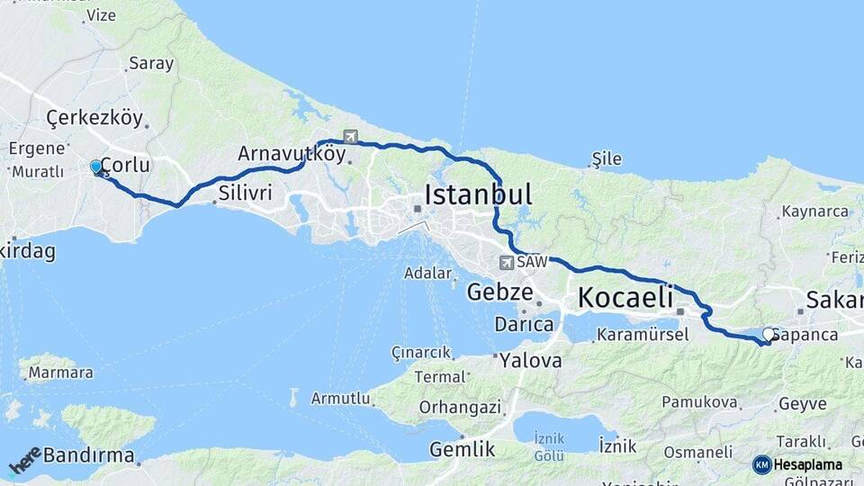Tekirdağ Çorlu Sapanca Sakarya Arası Kaç Km - Yol Haritası