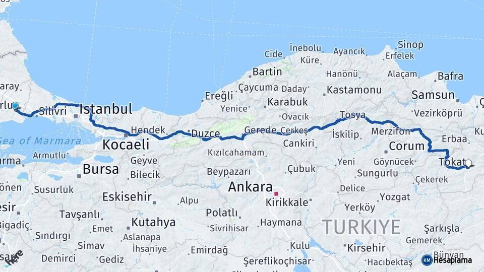 Tekirdağ Çorlu Tokat Arası Kaç Km - Yol Haritası