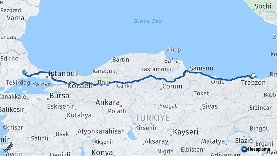 Tekirdağ Çorlu Trabzon Arası Kaç Km - Yol Haritası