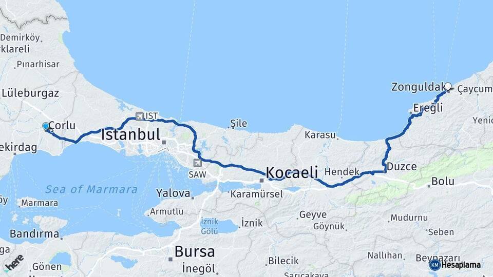 Tekirdağ Çorlu Zonguldak Arası Kaç Km - Yol Haritası