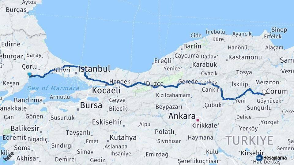 Tekirdağ Çorum Arası Kaç Km - Yol Haritası