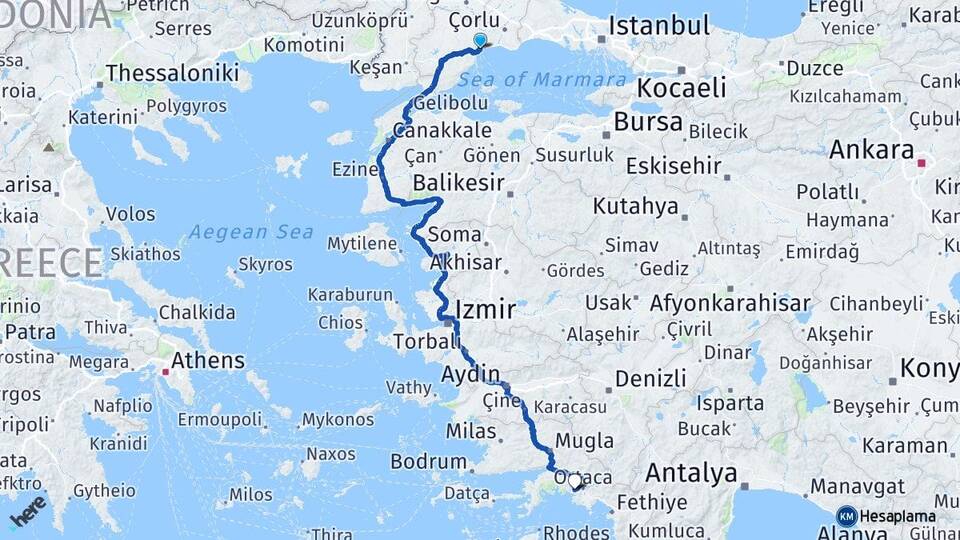Tekirdağ Dalyan Ortaca Muğla Arası Kaç Km - Yol Haritası