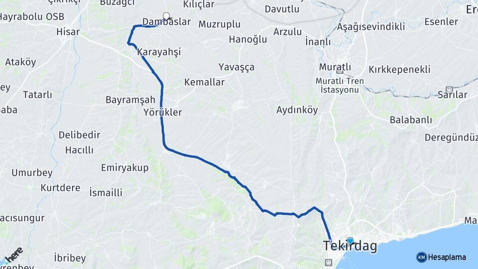 Tekirdağ Dambaslar Hayrabolu Arası Kaç Km - Yol Haritası