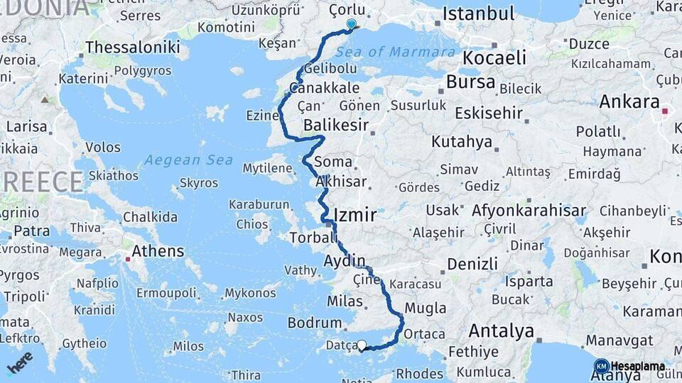 Tekirdağ Datça Muğla Arası Kaç Km - Yol Haritası