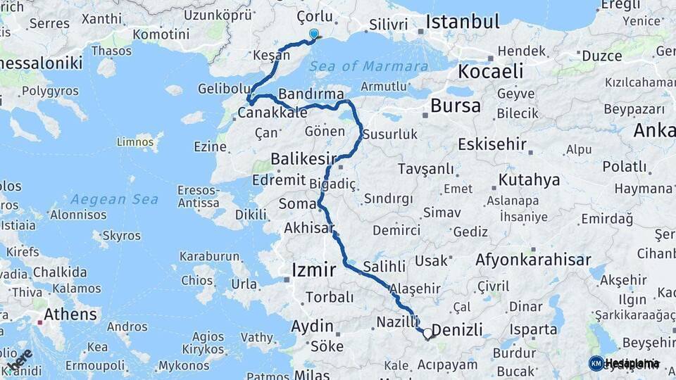 Tekirdağ Denizli Arası Kaç Km - Yol Haritası
