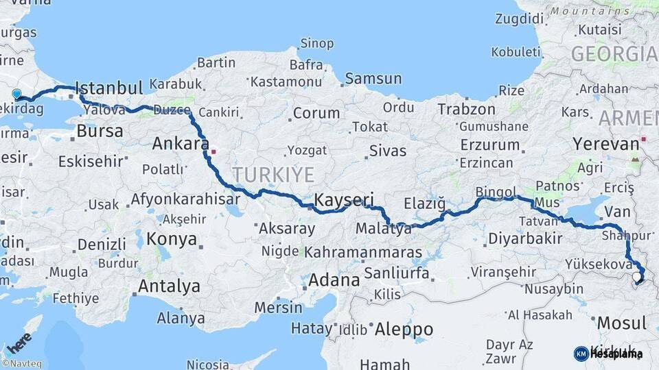 Tekirdağ Derecik Hakkari Arası Kaç Km - Yol Haritası
