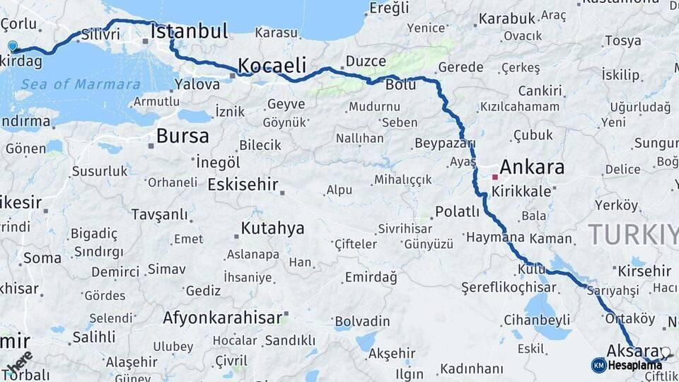 Tekirdağ Derinkuyu Nevşehir Arası Kaç Km - Yol Haritası
