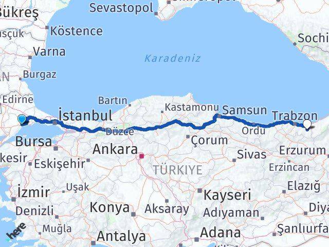 Tekirdağ Dernekpazarı Trabzon Arası Kaç Km - Yol Haritası