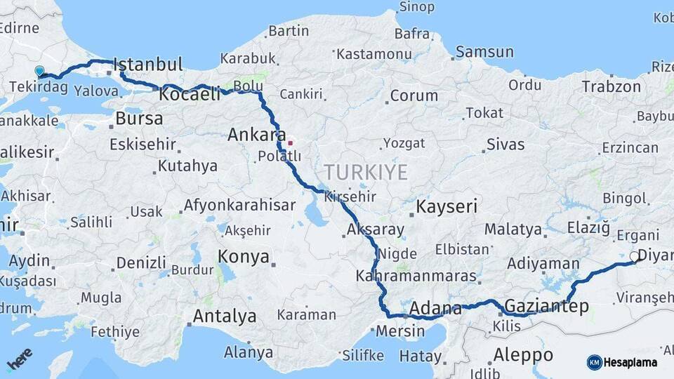 Tekirdağ Diyarbakır Arası Kaç Km - Yol Haritası
