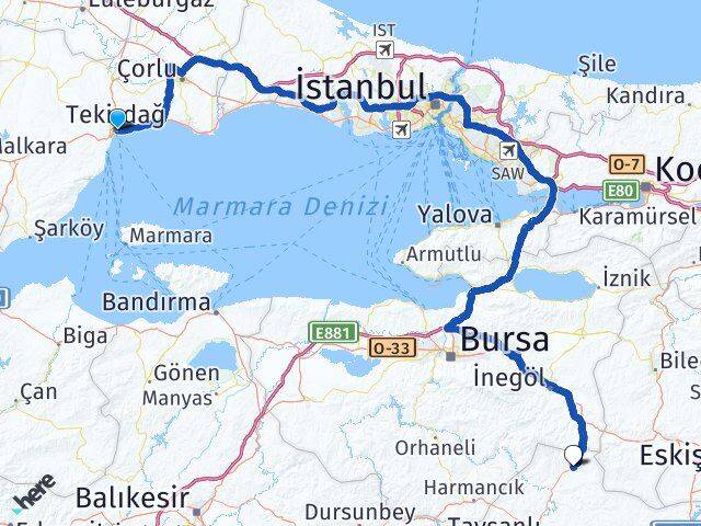 Tekirdağ Domaniç Kütahya Arası Kaç Km - Yol Haritası