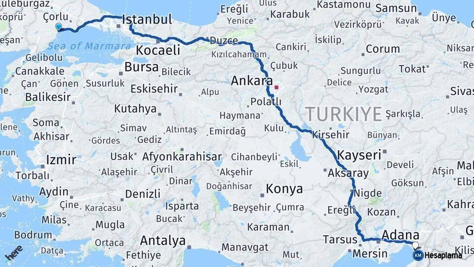 Tekirdağ Dörtyol Hatay Arası Kaç Km - Yol Haritası