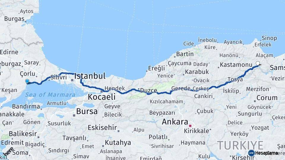 Tekirdağ Durağan Sinop Arası Kaç Km - Yol Haritası