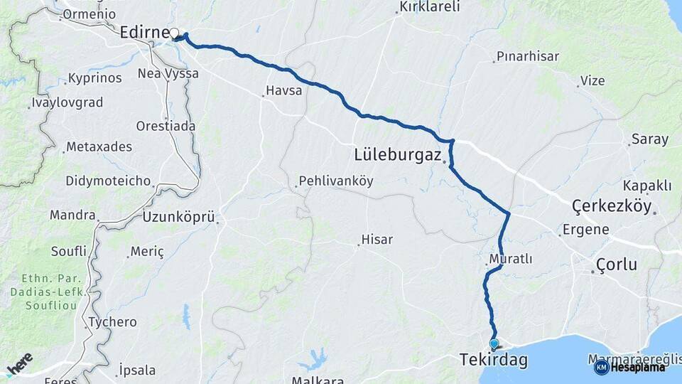 Tekirdağ Edirne Arası Kaç Km - Yol Haritası