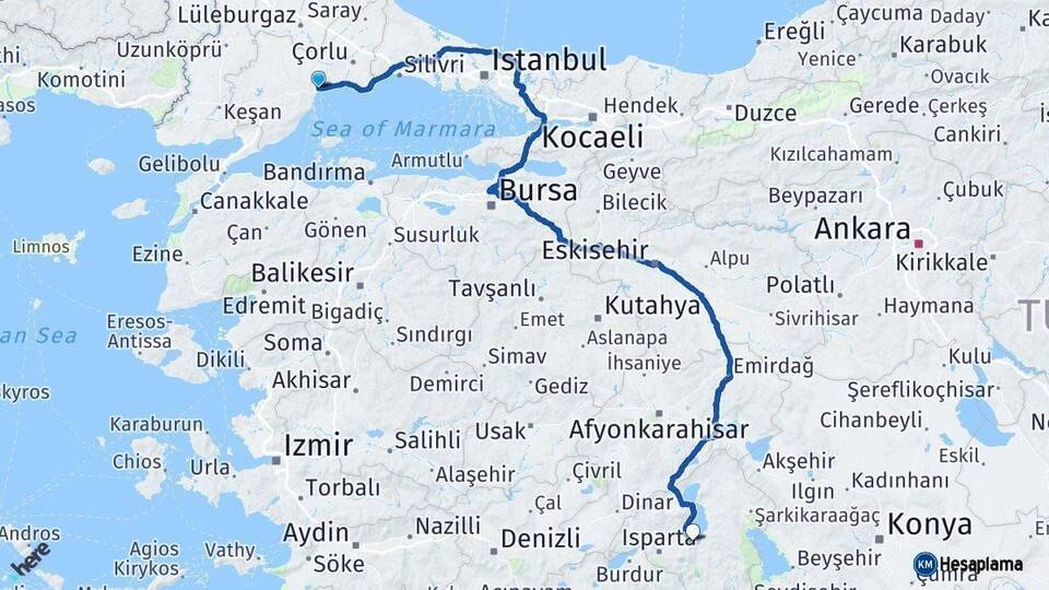 Tekirdağ Eğirdir Isparta Arası Kaç Km - Yol Haritası