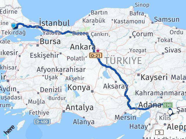 Tekirdağ Elbeyli Kilis Arası Kaç Km - Yol Haritası