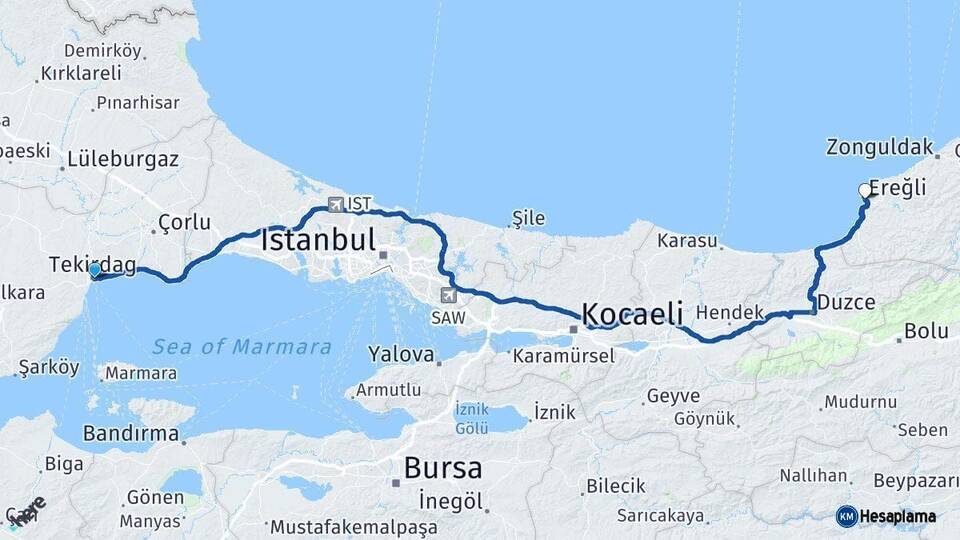 Tekirdağ Ereğli Zonguldak Arası Kaç Km - Yol Haritası