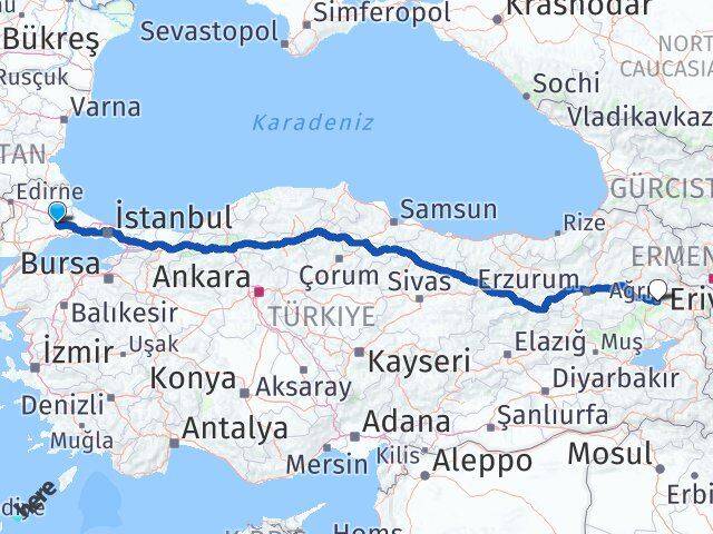 Tekirdağ Ergene Ağrı Arası Kaç Km - Yol Haritası