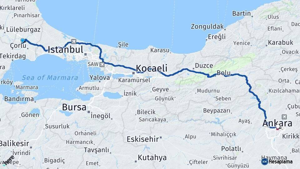 Tekirdağ Ergene Ankara Arası Kaç Km - Yol Haritası
