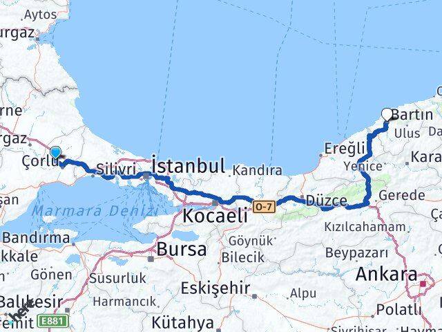 Tekirdağ Ergene Bartın Arası Kaç Km - Yol Haritası