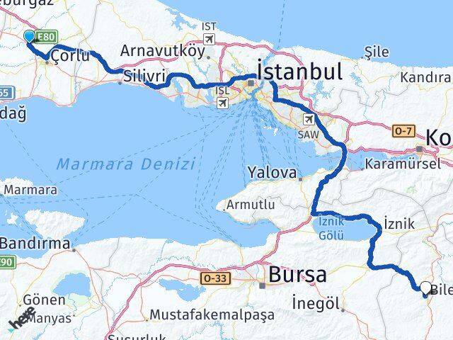Tekirdağ Ergene Bilecik Arası Kaç Km - Yol Haritası
