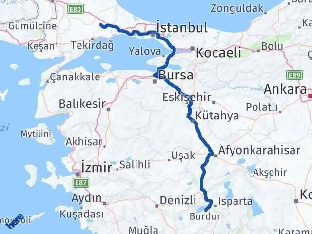 Tekirdağ Ergene Burdur Arası Kaç Km - Yol Haritası