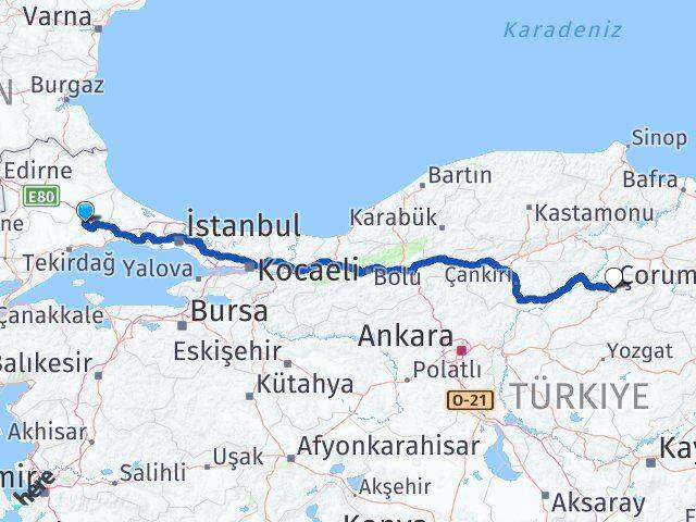 Tekirdağ Ergene Çorum Arası Kaç Km - Yol Haritası