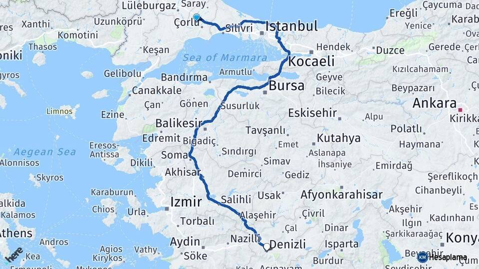 Tekirdağ Ergene Denizli Arası Kaç Km - Yol Haritası