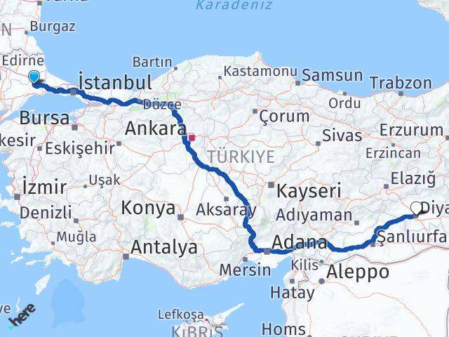 Tekirdağ Ergene Diyarbakır Arası Kaç Km - Yol Haritası