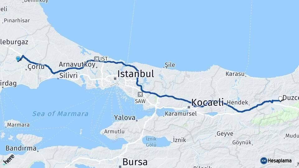 Tekirdağ Ergene Düzce Arası Kaç Km - Yol Haritası