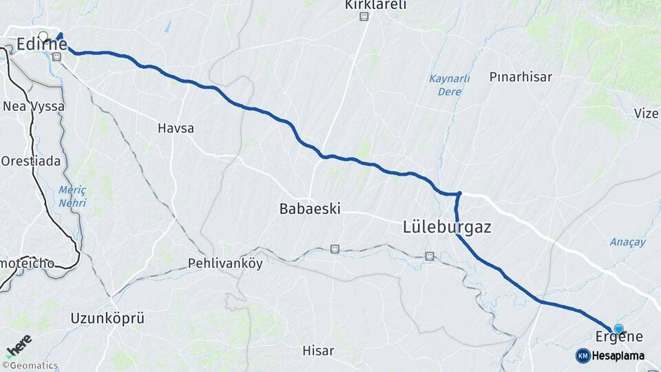 Tekirdağ Ergene Edirne Arası Kaç Km - Yol Haritası