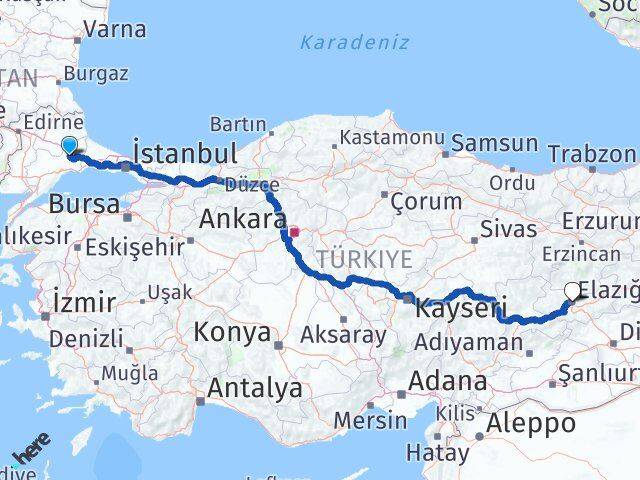 Tekirdağ Ergene Elazığ Arası Kaç Km - Yol Haritası