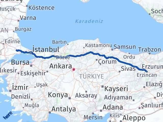 Tekirdağ Ergene Erzincan Arası Kaç Km - Yol Haritası