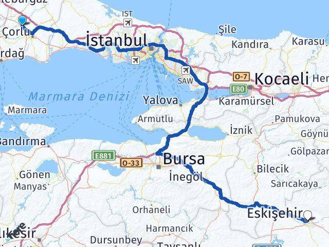 Tekirdağ Ergene Eskişehir Arası Kaç Km - Yol Haritası