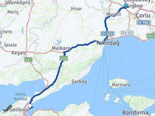 Tekirdağ Ergene Gelibolu Çanakkale Arası Kaç Km - Yol Haritası