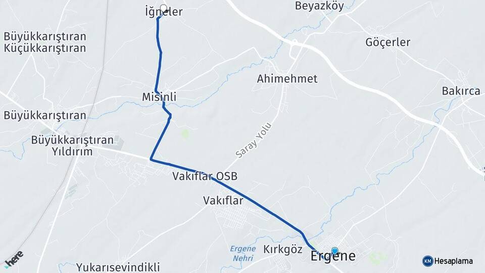 Tekirdağ Ergene İğneler Ergene Arası Kaç Km - Yol Haritası