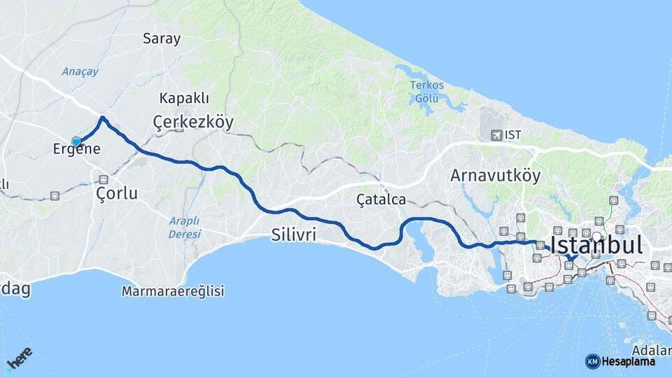 Tekirdağ Ergene İstanbul Arası Kaç Km - Yol Haritası