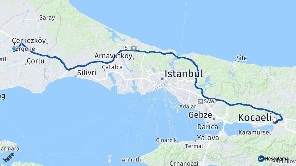 Tekirdağ Ergene Kocaeli Arası Kaç Km - Yol Haritası