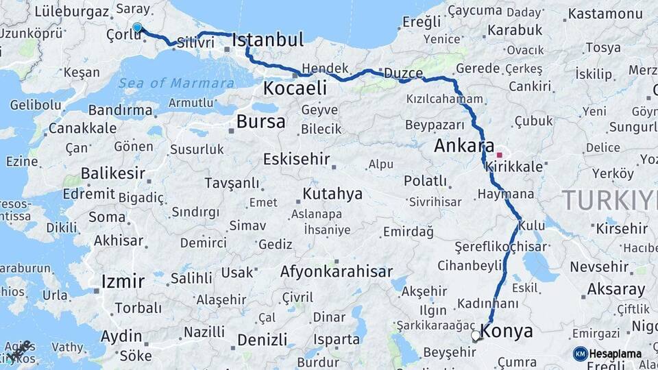 Tekirdağ Ergene Konya Arası Kaç Km - Yol Haritası