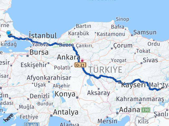 Tekirdağ Ergene Malatya Arası Kaç Km - Yol Haritası