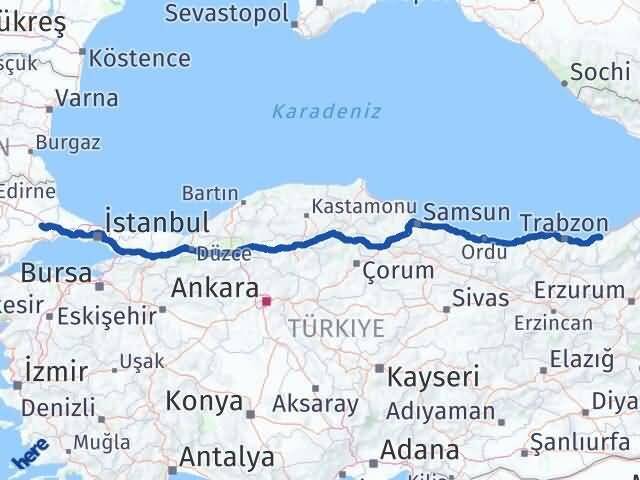 Tekirdağ Ergene Rize Arası Kaç Km - Yol Haritası
