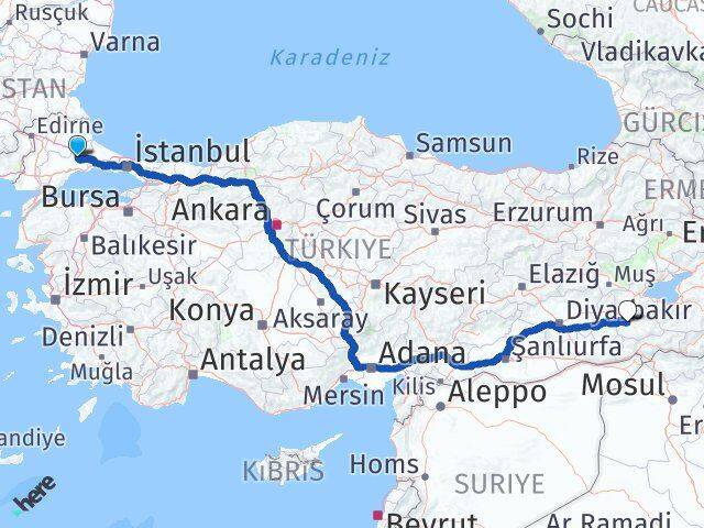 Tekirdağ Ergene Siirt Arası Kaç Km - Yol Haritası