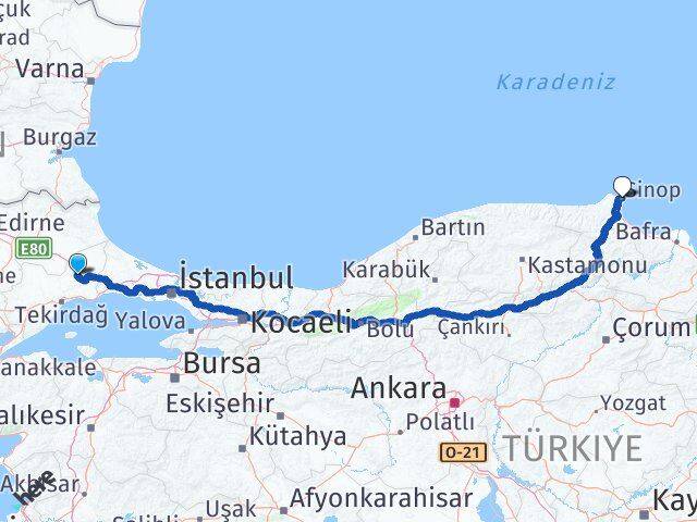 Tekirdağ Ergene Sinop Arası Kaç Km - Yol Haritası