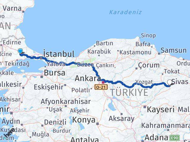 Tekirdağ Ergene Sivas Arası Kaç Km - Yol Haritası