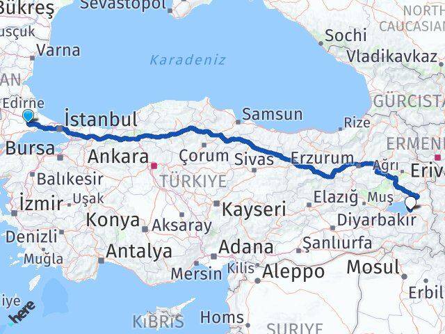 Tekirdağ Ergene Van Arası Kaç Km - Yol Haritası