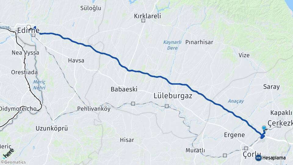 Tekirdağ Ergene Velimeşe Edirne Arası Kaç Km - Yol Haritası