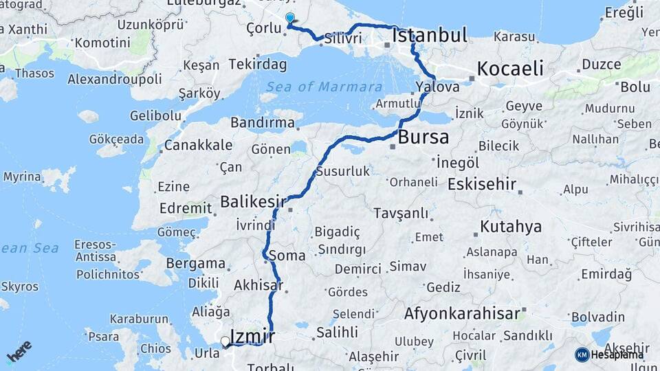 Tekirdağ Ergene Velimeşe İzmir Arası Kaç Km - Yol Haritası