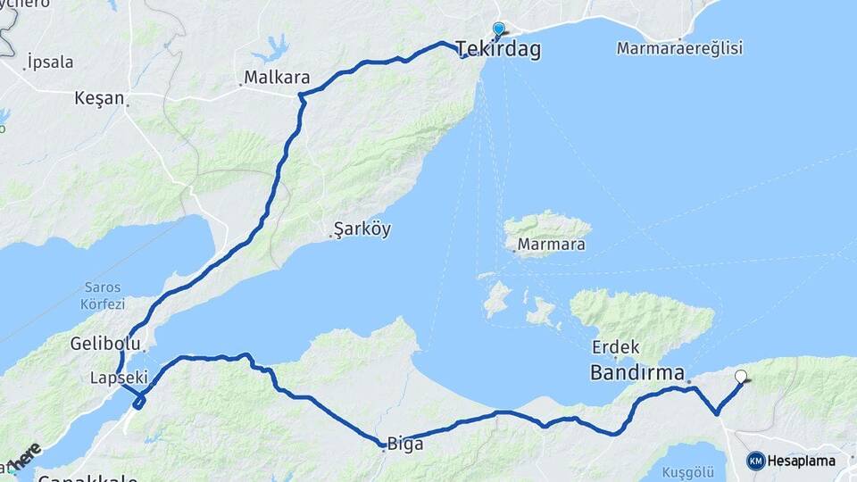 Tekirdağ Erikli Bandırma Balıkesir Arası Kaç Km - Yol Haritası