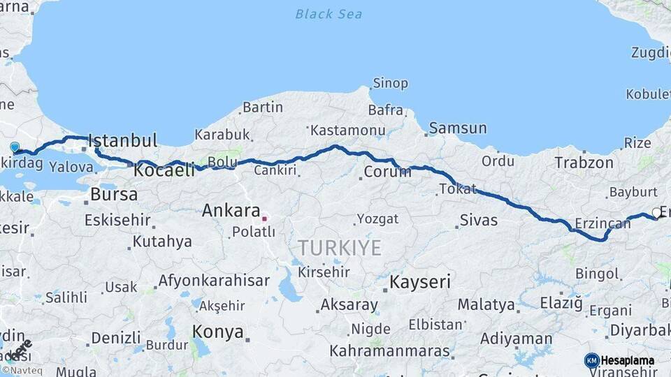 Tekirdağ Erzurum Arası Kaç Km - Yol Haritası