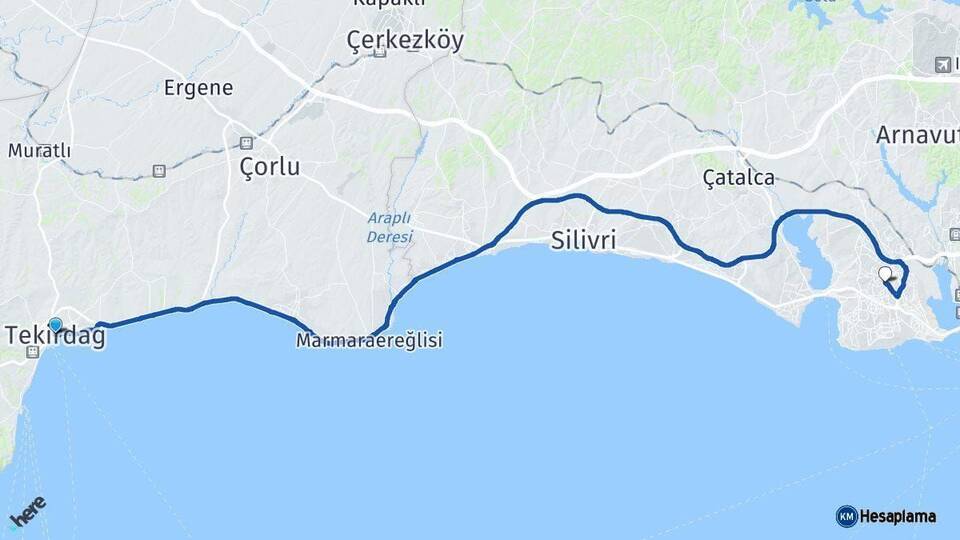 Tekirdağ Esenyurt İstanbul Arası Kaç Km - Yol Haritası