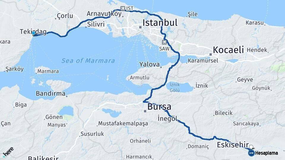 Tekirdağ Eskişehir Arası Kaç Km - Yol Haritası